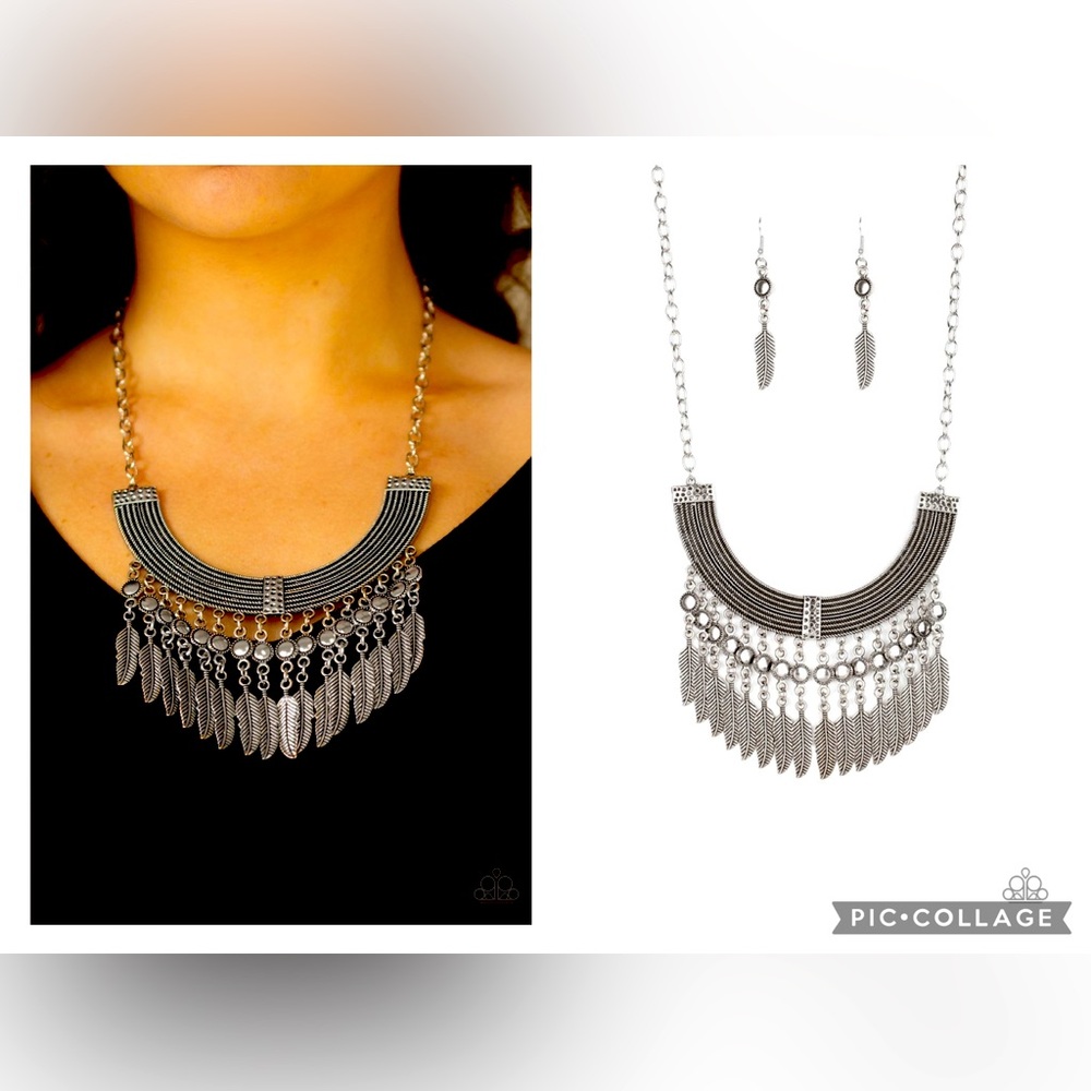 Fierce In Feathers Silver Statement Necklace and Earring Set